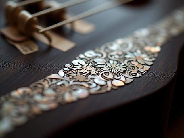 貝殻のインレイが施された琴の側面