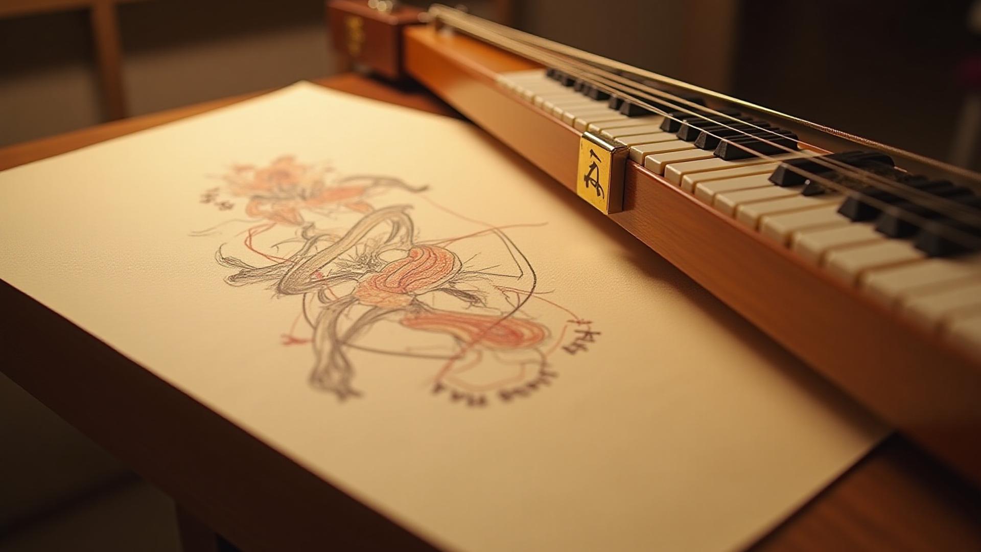琴のデザインスケッチと完成した楽器が並べられたアートワーク