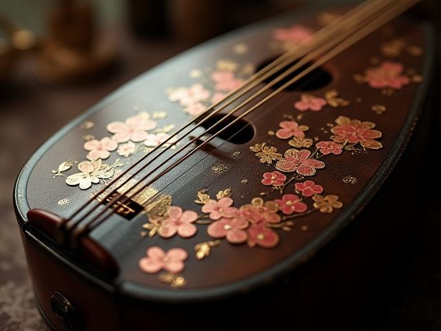 桜の蒔絵が施された琴のアップ