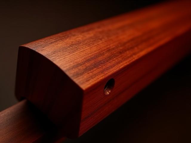 花梨材を使った三味線の棹と、その美しい赤褐色の木目