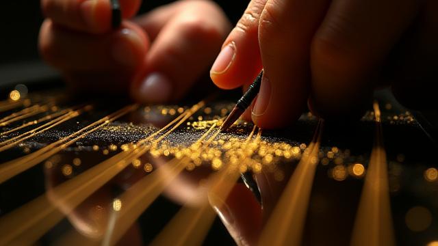 琴の美しい装飾を施す職人