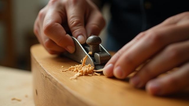 職人がカンナで琴を削る様子