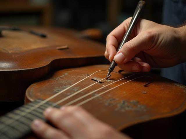 丁寧に修理されている古い三味線