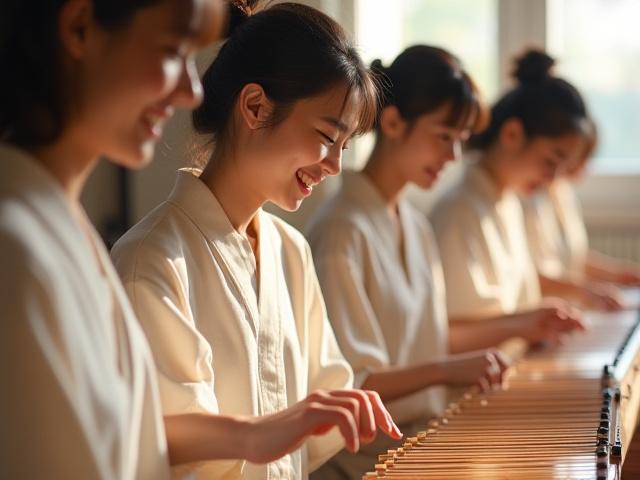 和楽器ワークショップで楽しそうに琴を弾く人々