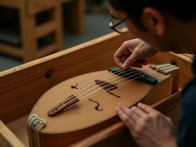 職人が繊細に梱包作業を行う様子、楽器の弦を保護する緩衝材