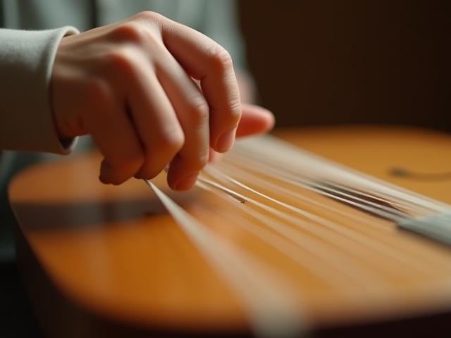琴の弦を弾く手元のアップ