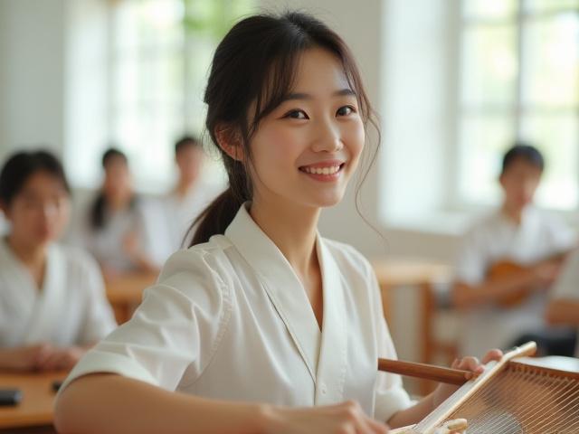 笑顔で琴を弾く参加者