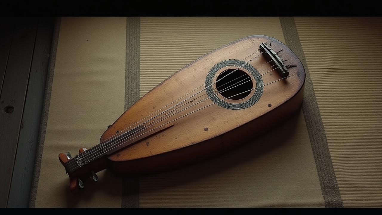 古びた三味線の全景