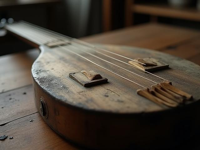 劣化し、傷ついた三味線の全体像