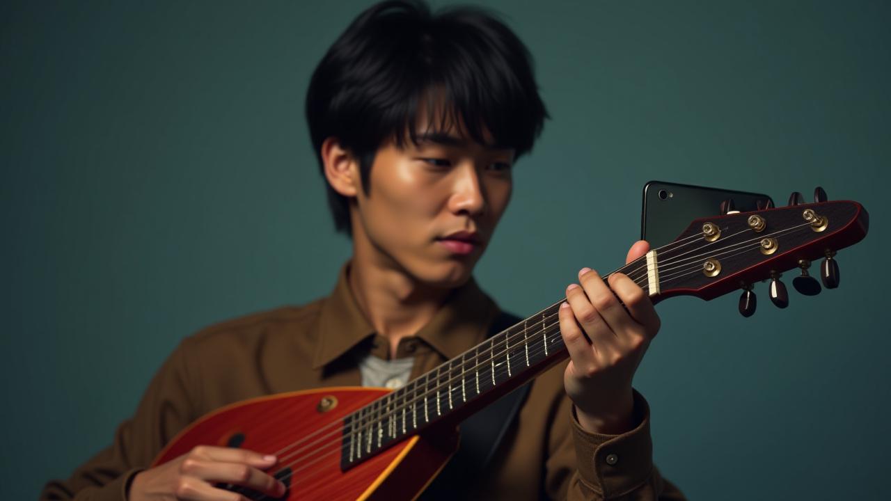 スマートフォンで自撮りしながらエレキ三味線を演奏する若くスタイリッシュなクリエイター