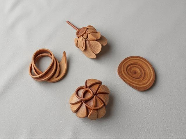 琴の端材から作られた木製アクセサリーが丁寧に並べられた様子