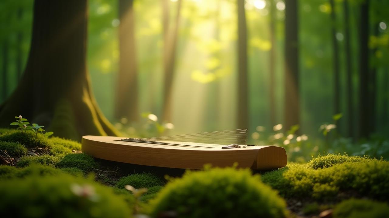 光が差し込む豊かな森の中に静かに置かれた日本の伝統楽器「琴」