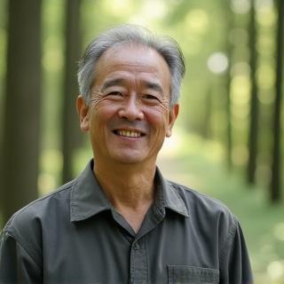 日本の山林のバックグラウンドを背景にした、優しく微笑む林業組合の代表者のポートレート